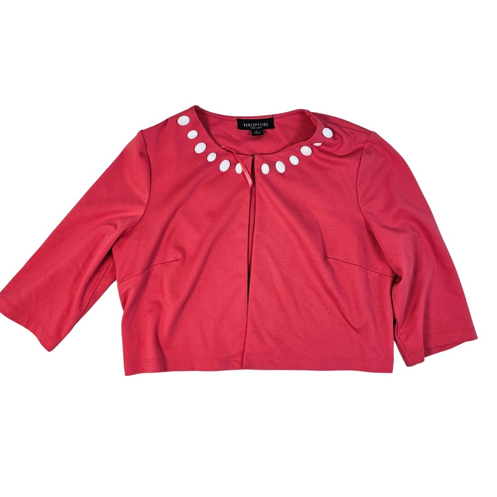 Perceptions New York Coral Pink Faux‎ Pearl Neckline Bolero Shrug Jacket Large